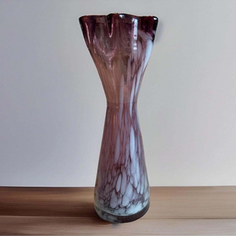 UV Reactive Purple Amethyst Glass Vase White Swirl Ruffled Hourglass 7 in